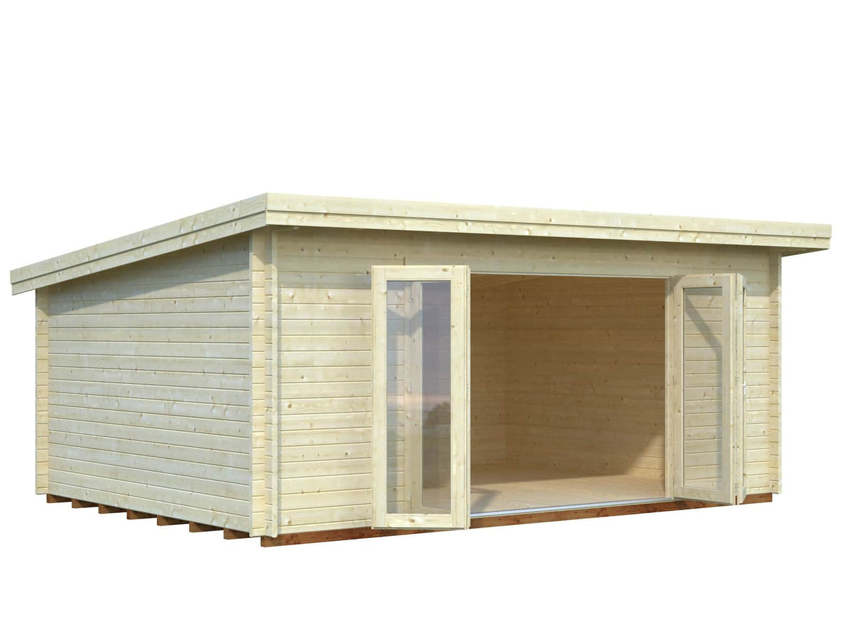 Lea L (5.5x4m | 19.4m2 | 44mm) Pent Roof Garden Room with Bi-Fold Doors