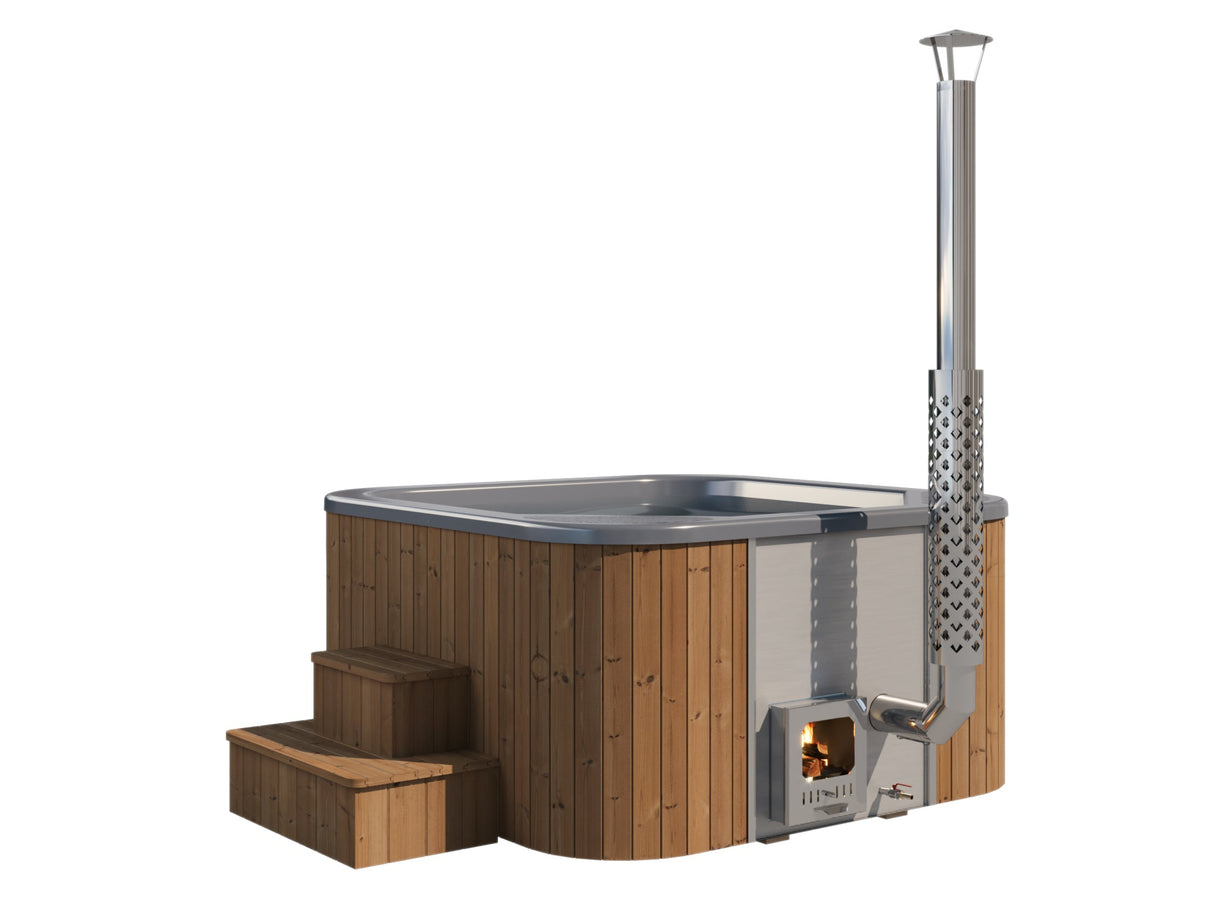 Elden  (d200cm | 6-Person) Square Wood-Heated Outdoor Hot Tub with Integrated Woodburner, LED included