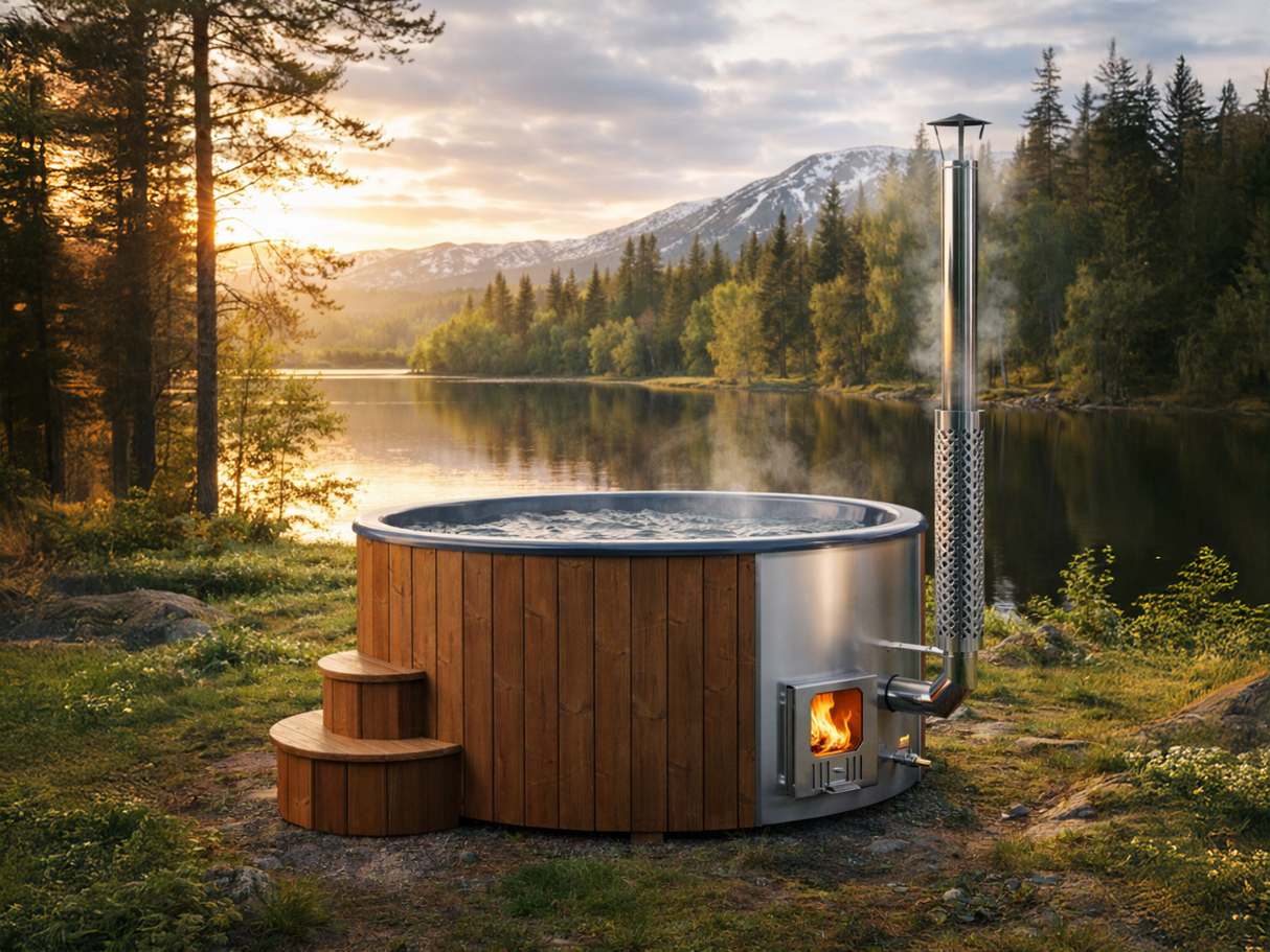 Solace L (d220cm | 8-Person) Round Wood-Heated Outdoor Hot Tub with Integrated Woodburner, LED included
